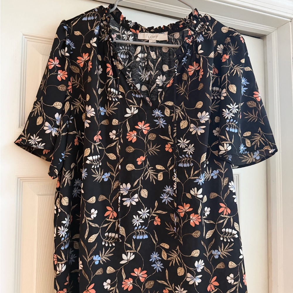 LOFT Black Floral Blouse with Multicolor Blooms